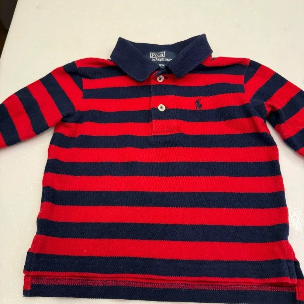 Ralph Lauren Toddler Boys Lot Of 2 Big Pony Romper /Striped Polo Shirt 12 Mo